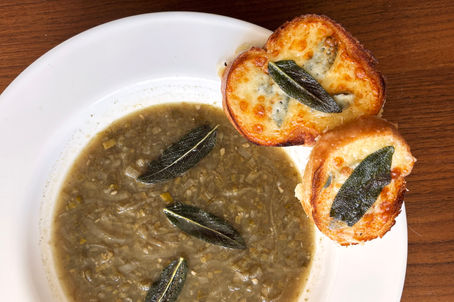 SWEET ONION SOUP WITH RAREBIT & CRISPY SAGE LEAVES