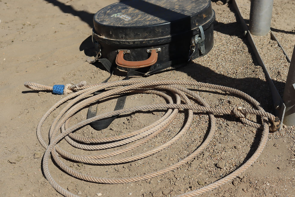A rope used in the tie down roping sits, unused, waiting for it's turn.