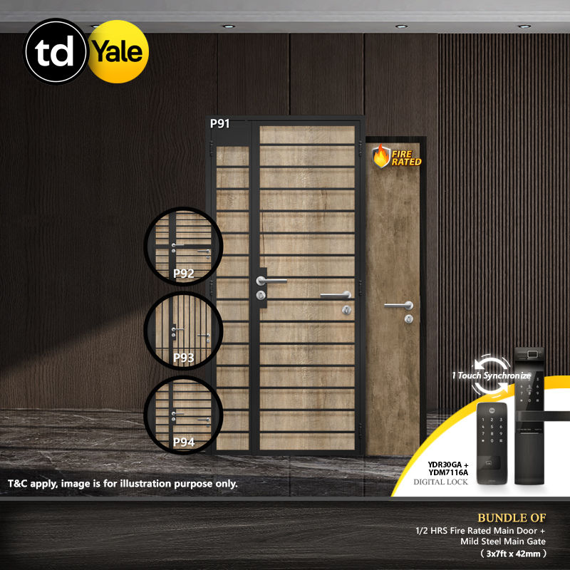 Laminate Fire Rated Main Door + Main Gate(P-Series) + Yale YDR30GA/Yale YDM7116A