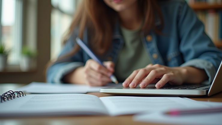 Eye-level view of a student studying with a laptop and college prep materials