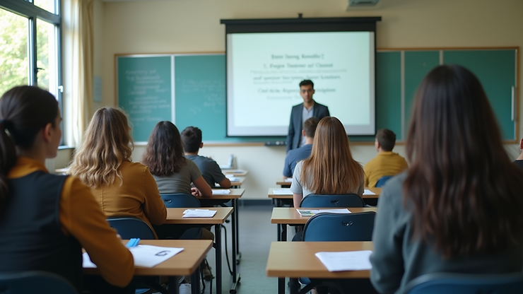 Eye-level view of a classroom setting with students engaged in a 90-day college course