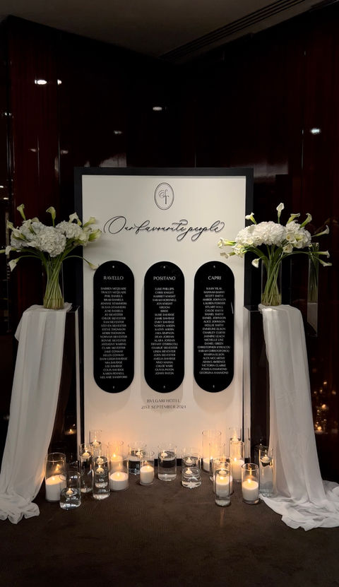 Large Statement Wedding Table Plan sign in black and white with acrylic detail