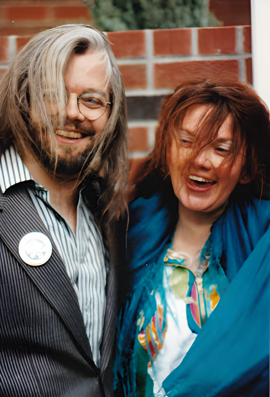 Hollywood special effects master Andy Schoneberg and longtime friend and newspaper colleague Christene Meyers brave a windy day at the garden dedication for Bruce Meyers. Schoneberg did the bronze of longtime professor and actor Meyers