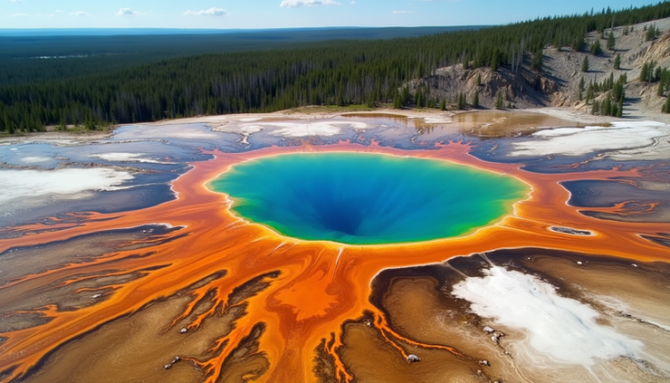 Wide angle view of Yellowstone’s Grand Prismatic Spring with vibrant colors
