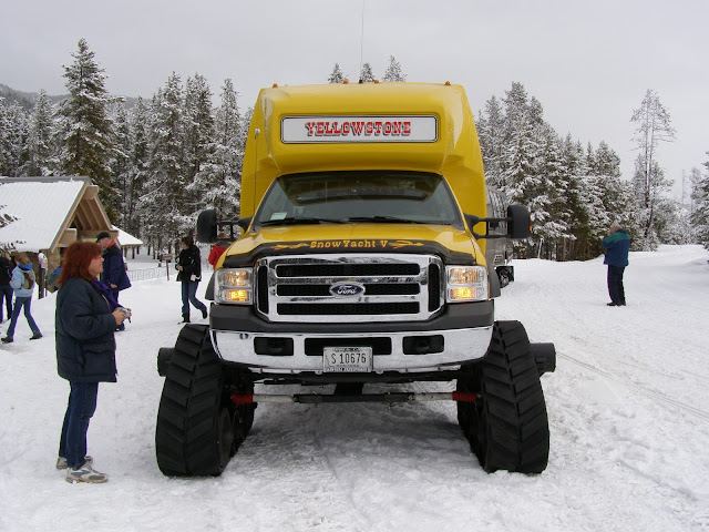 Yellowstone Park in winter - Snow coaches are the way to see Yellowstone Park in winter; Cookie prepares to board on a recent visit.
