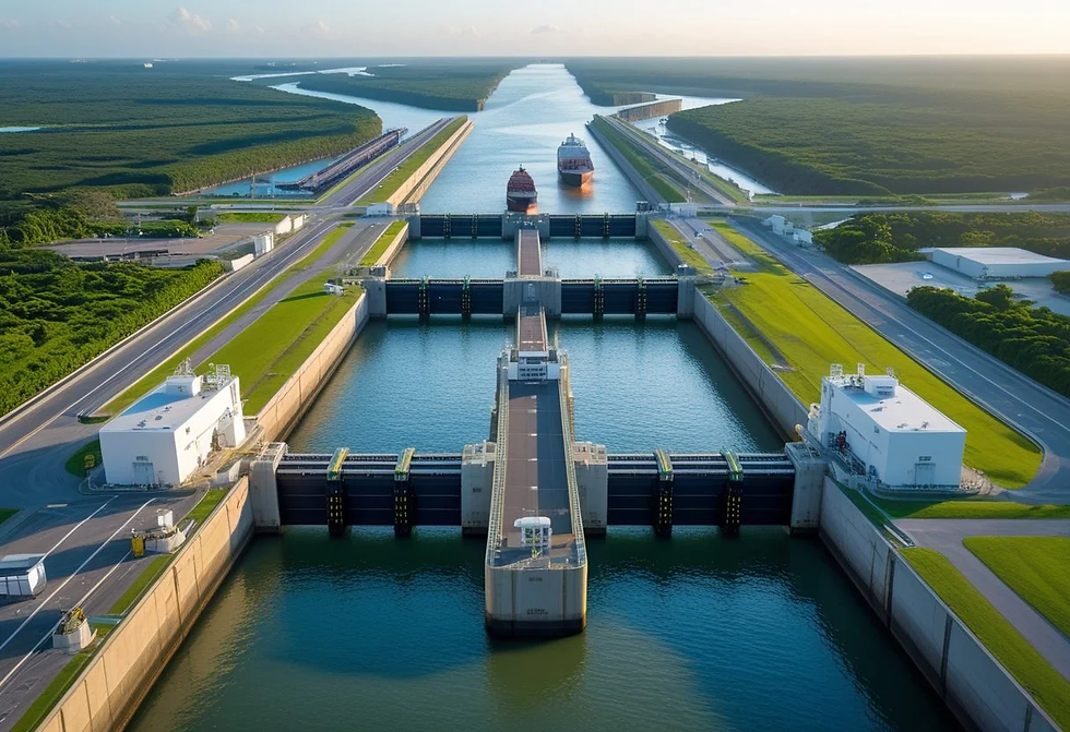 Aerial view of a canal lock system with two cargo ships in blue water, lined by green roads and dense forest under sunny skies.