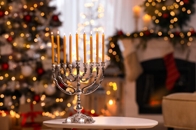 A menorah and Christmas lights accent the holidays in a friend's home. He believes in honoring both celebrations.