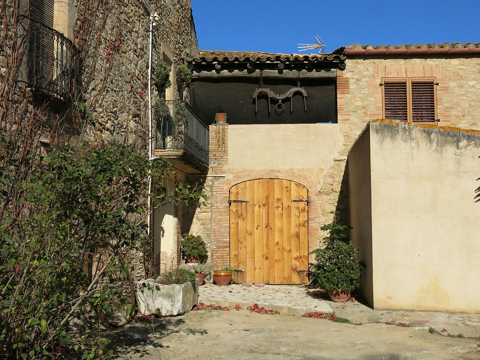 Rustic stone courtyard with wooden arched door in Peratallada features potted plants and vine-covered walls under a clear blue sky
