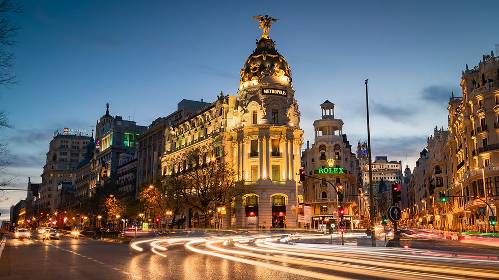 At night, Madrid's intersection shows an illuminated Metropolis building with cars leaving light trails under an evening sky