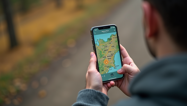 High angle view of a visitor using a smartphone with Yellowstone National Park map on screen