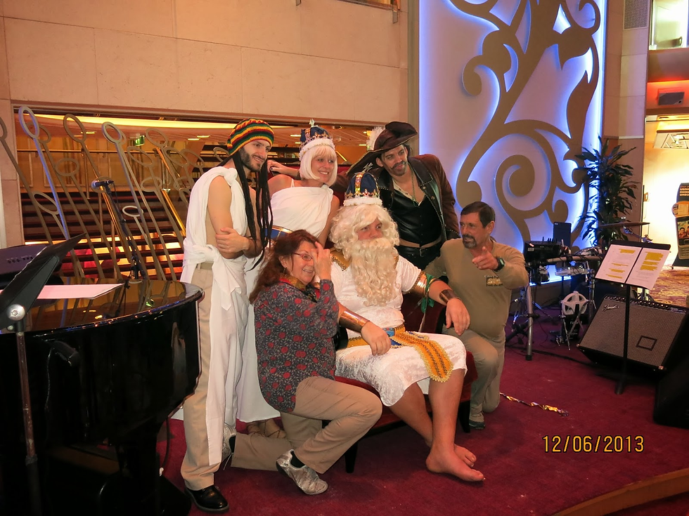 Cookie and Keller direct traffic with "King Neptune" on a shipboard passage through the mid-Atlantic.