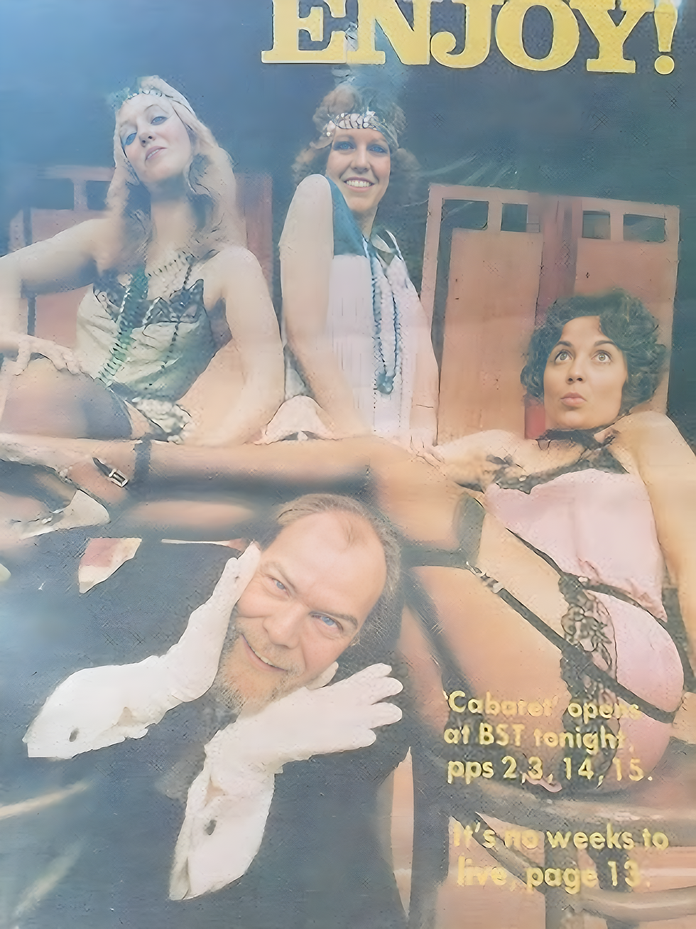 A magazine cover story on a production of "Cabaret" featuring Bruce Meyers as emcee, here with the Kit Kat girls