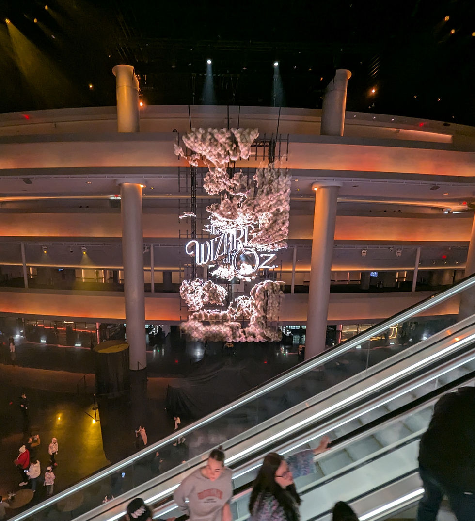 People on escalator inside the Spere going to the Wizard of Oz show