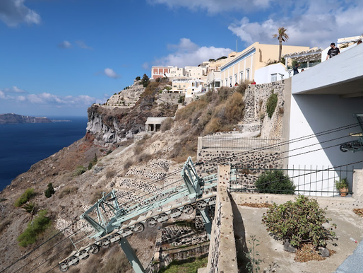 Santorini's rugged hillsides are shaped by volcanic eruptions of more than 3,000 years ago. A tram offers a pleasant ride up.