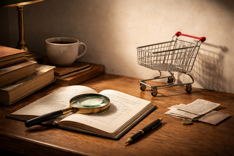 A wooden desk, with a mini shopping cart, open book, with a magnifying glass resting on top