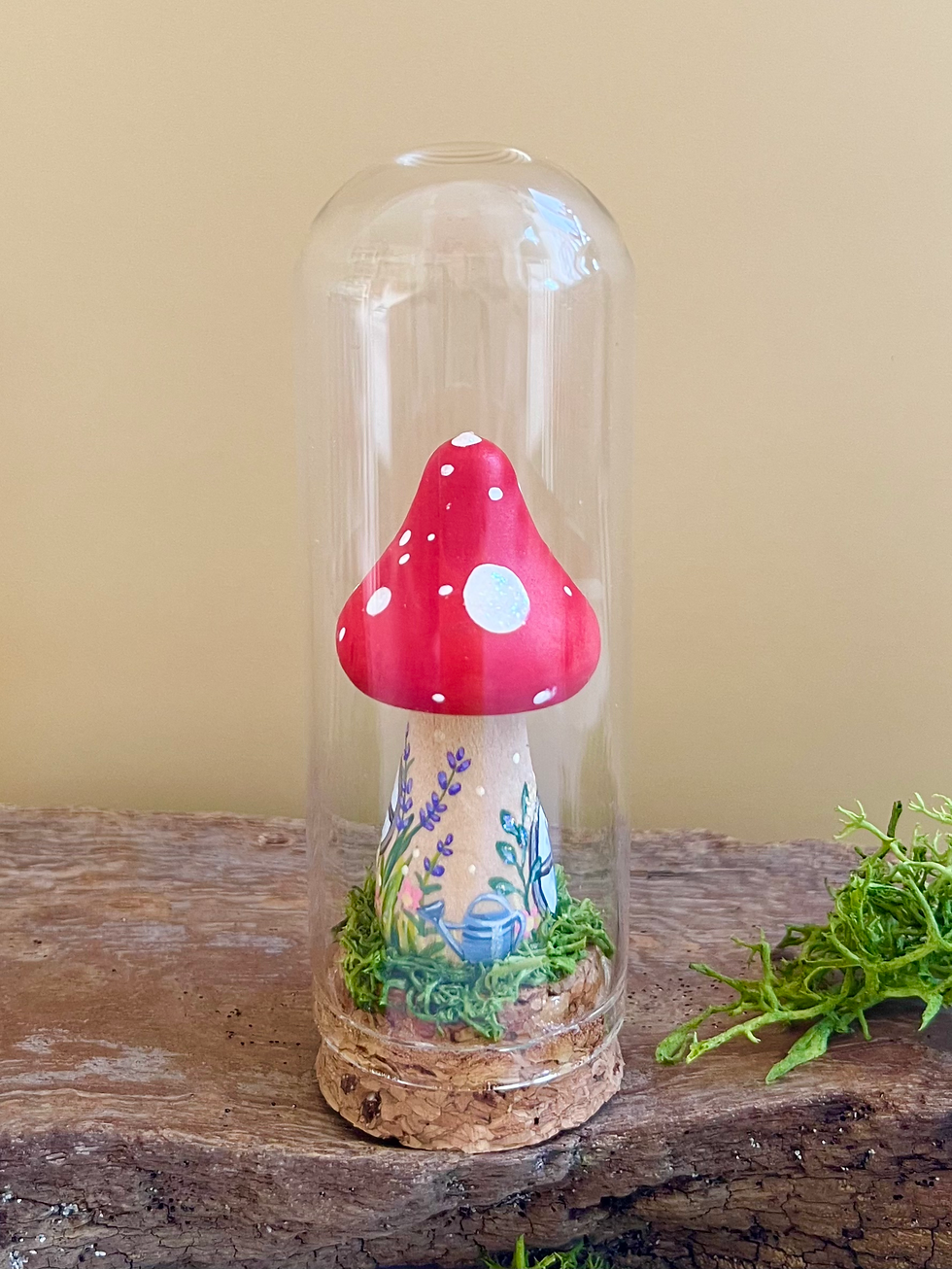 Thumbnail: Dewdrop Hollow | Hand Painted Toadstool House in Glass Dome