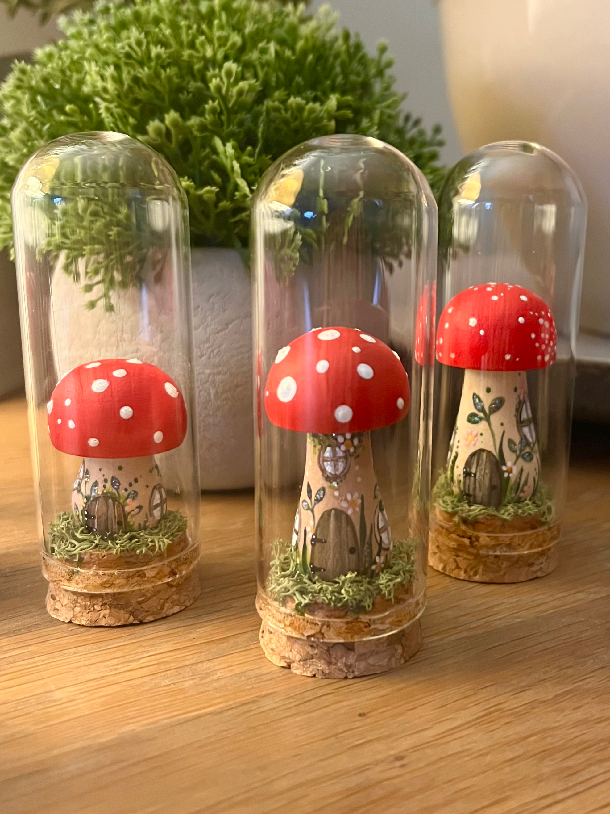 Hand Painted Toadstool House in Glass Display Dome