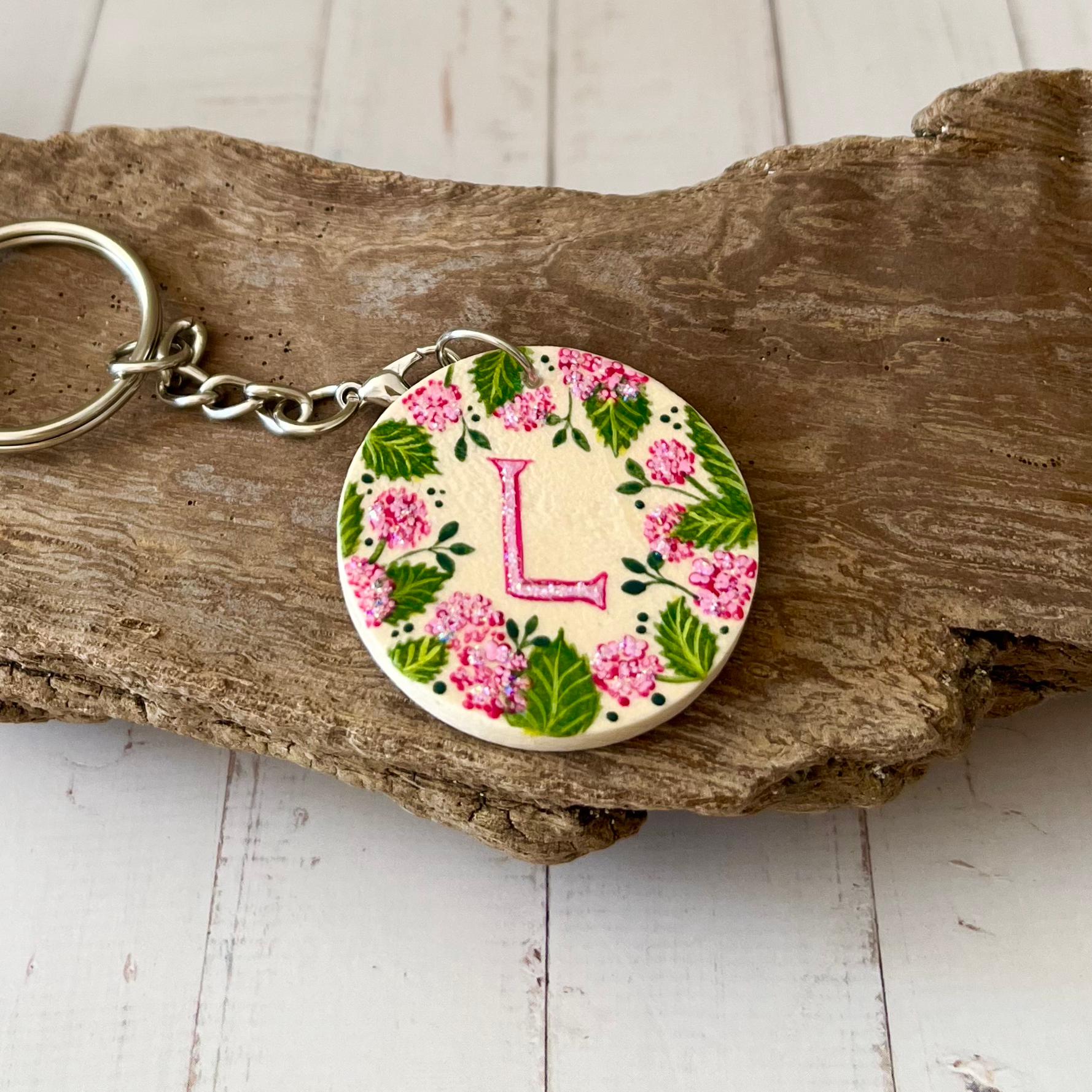 Letter L - Hand-Painted Botanical Initial Keyring