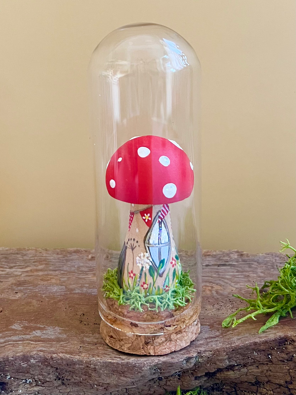 Thumbnail: Mossy Cottage | Hand Painted Toadstool House in Glass Dome
