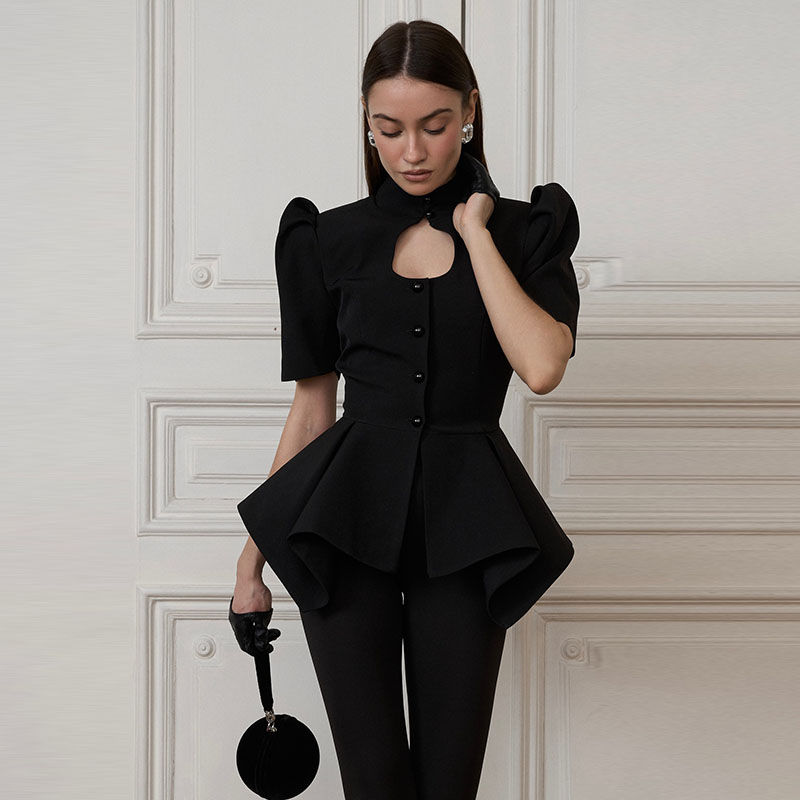 Thumbnail: 2026 Spring Summer Elegant Women's Puff Sleeve Top - Solid Color Hollow Out Cinc