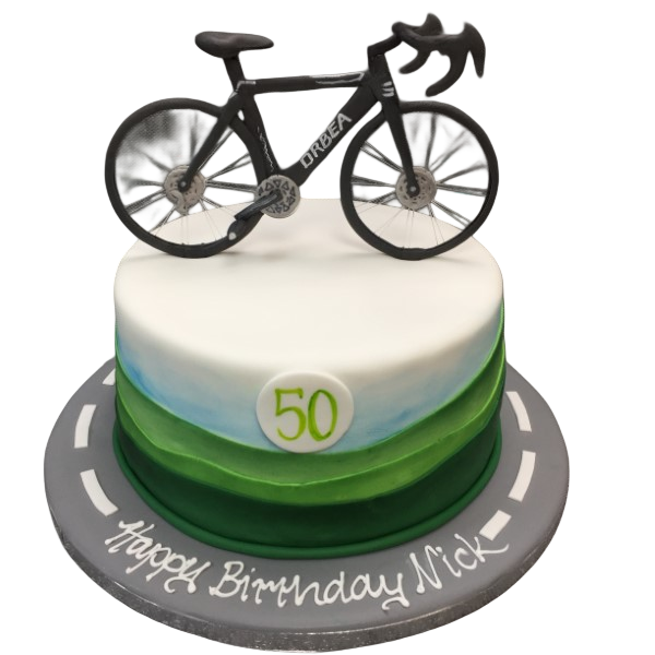 A beautifully designed and meticulously crafted bicycle-themed cake, perfect for cycling enthusiasts and special occasions.
