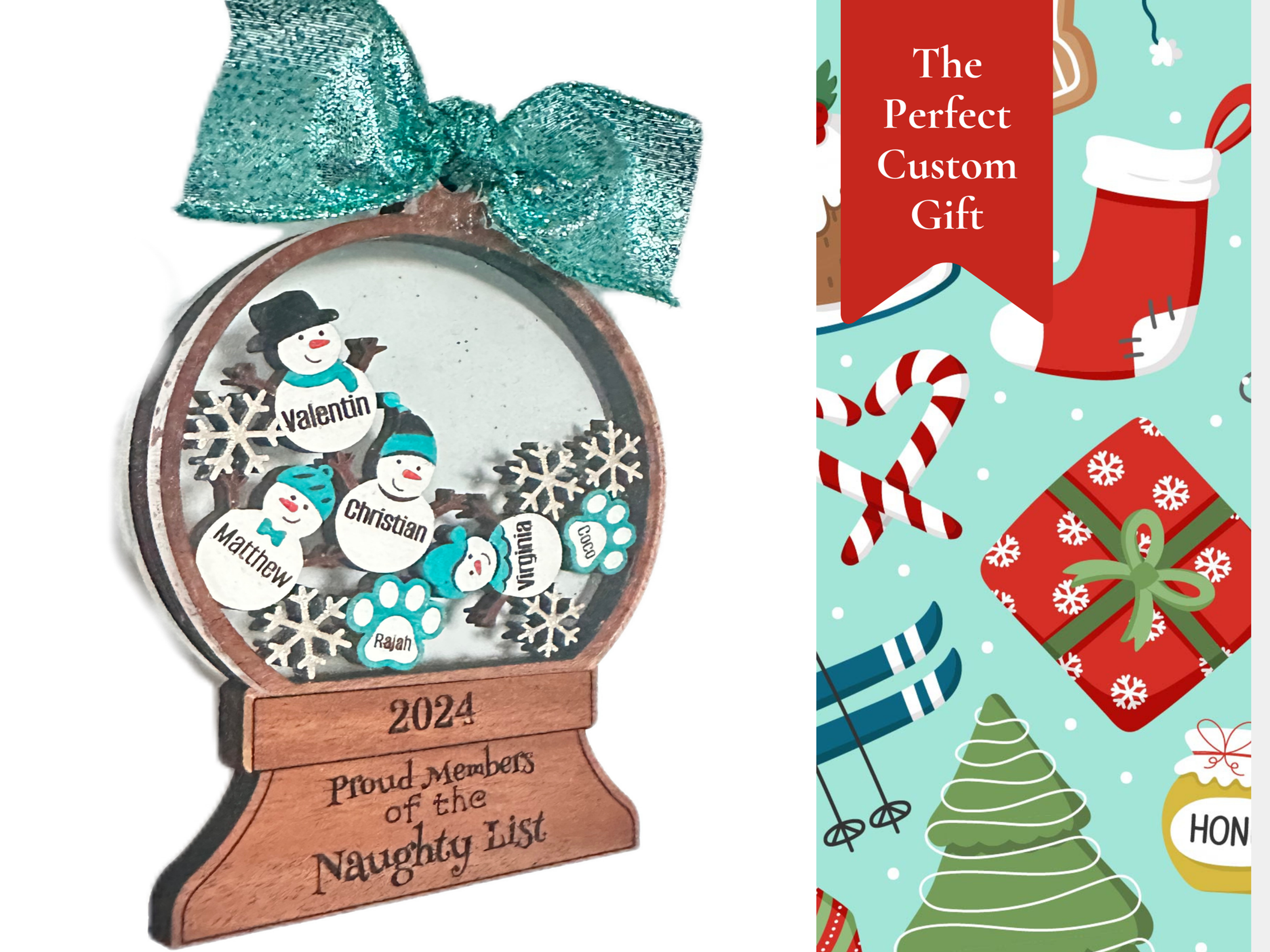 Custom Family Snow Globe, Engraved with optional sayings and personalized snowman tokens.