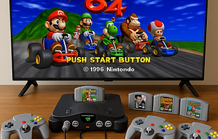 Nintendo 64 console with controllers and cartridges in front of a TV showing Mario Kart 64