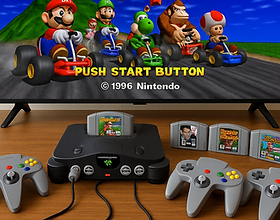 Nintendo 64 console and controllers with Mario Kart on a television