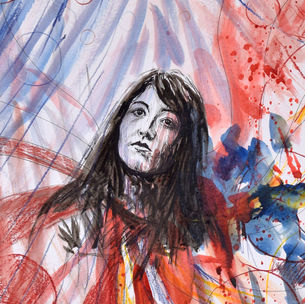 Pen and watercolor portrait of Martha Argerich playing the music of Tchaikovsky
