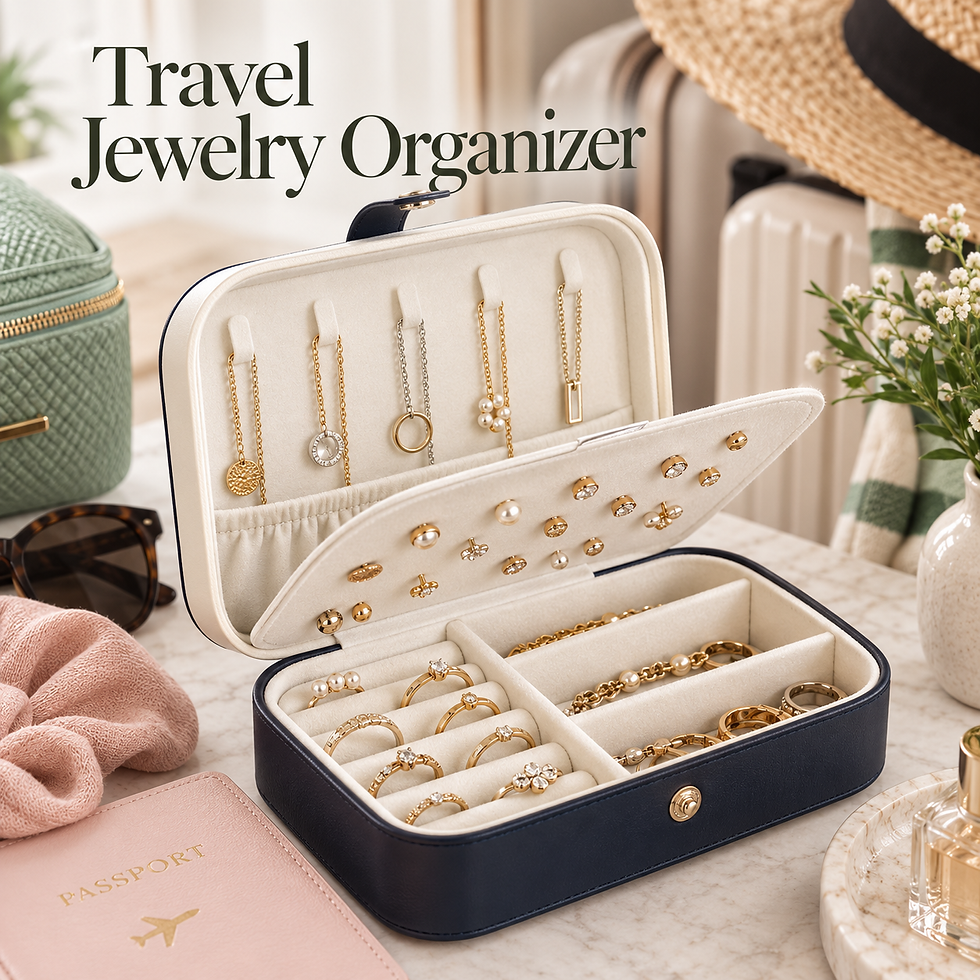 Travel jewelry organizer for keeping necklaces, earrings and bracelets separated while traveling.
