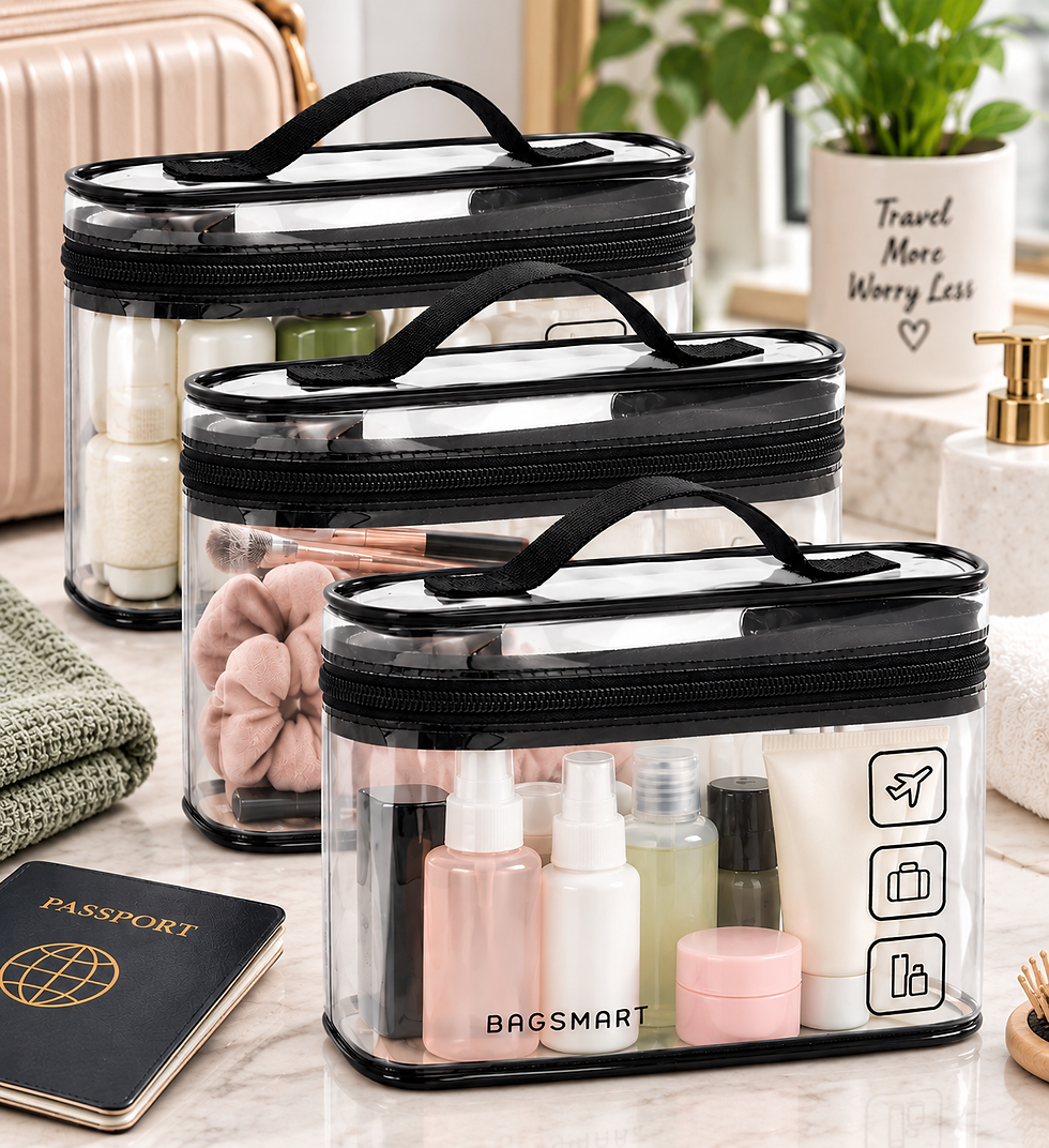 Clear TSA-approved travel toiletry bags with zippered compartments for liquids, cosmetics and travel essentials.