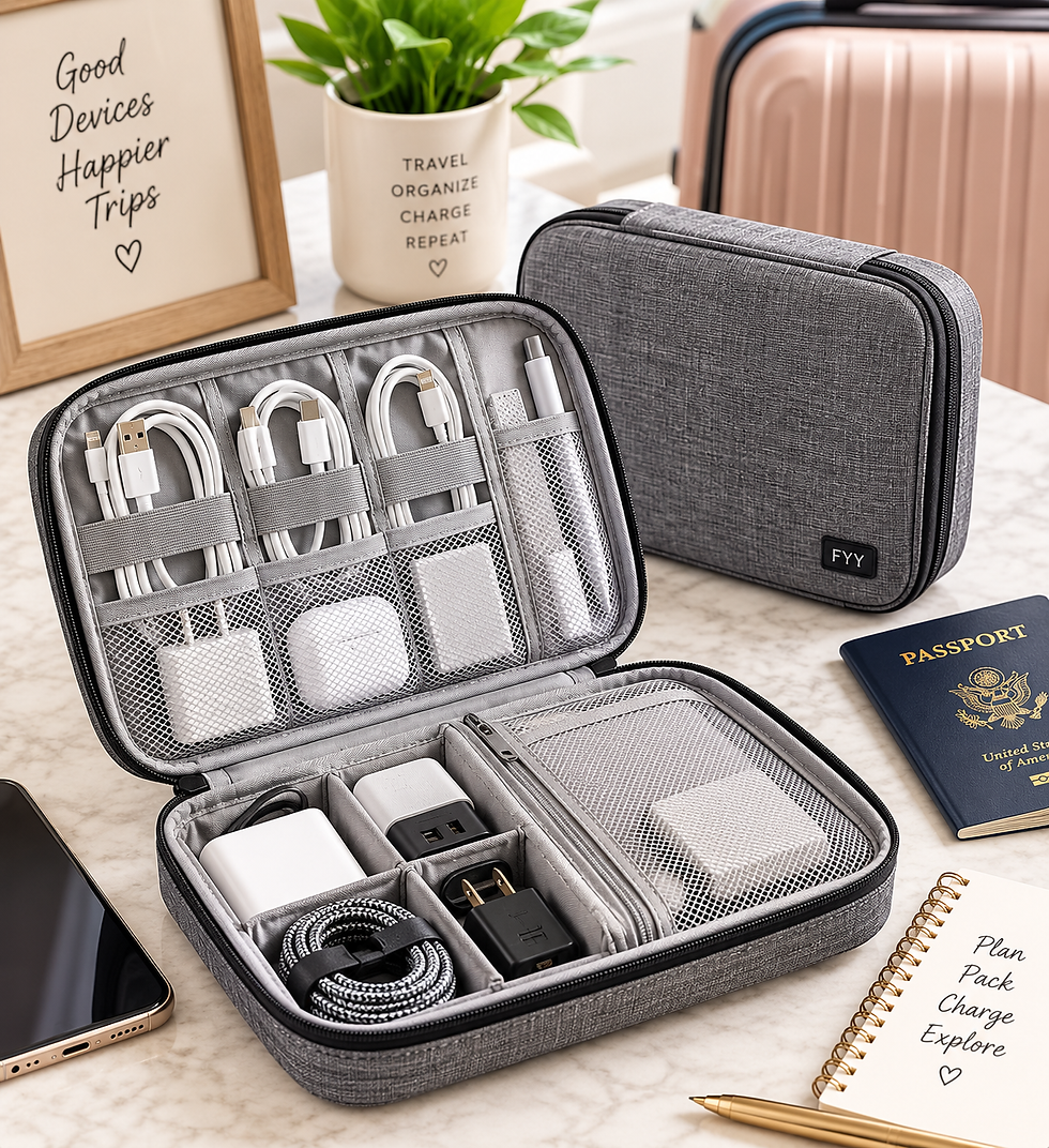 Travel electronic organizer with compartments for charging cords, cables, adapters and small electronics.