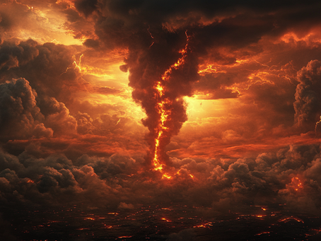 A fiery mountain crashes into the sea, igniting massive flames and smoke, while turbulent waves engulf a small boat nearby. Inspired by the Second Trumpet judgment in Revelation 8, symbolizing divine wrath and apocalyptic destruction.