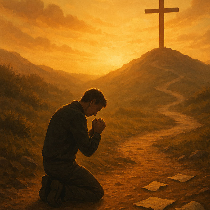 A digital illustration of a serene sunrise over a calm lake, with golden light reflecting off the water. In the foreground, a man in a white robe kneels on the shore in prayer, hands lifted toward the sky. A wooden cross stands nearby, and doves fly overhead, symbolizing peace and divine forgiveness. Mist rises from the water, and distant mountains frame the horizon.