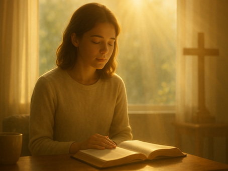 A devoted Christian sits in prayer with an open Bible, symbolizing the journey of hearing God’s voice and walking in intimacy with the Father. Soft golden light highlights the sacred moment, emphasizing purity, peace, and obedience to God's Word.
