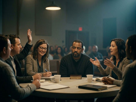 People sit at a round table in a meeting. One raises a hand, others discuss. Notebooks and cups on the table. Background is softly lit.