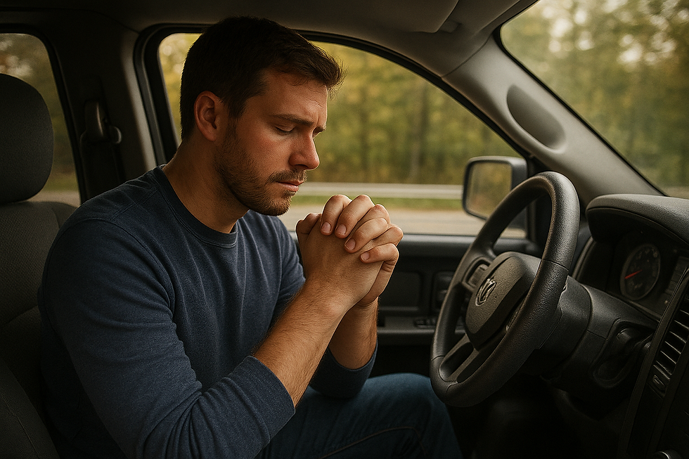 A white man sits in the driver’s seat of a truck with his eyes closed and hands clasped in prayer, leaning forward in a moment of quiet reflection and seeking God’s guidance. The background shows a blurred view of trees through the window, highlighting the peaceful and contemplative atmosphere.