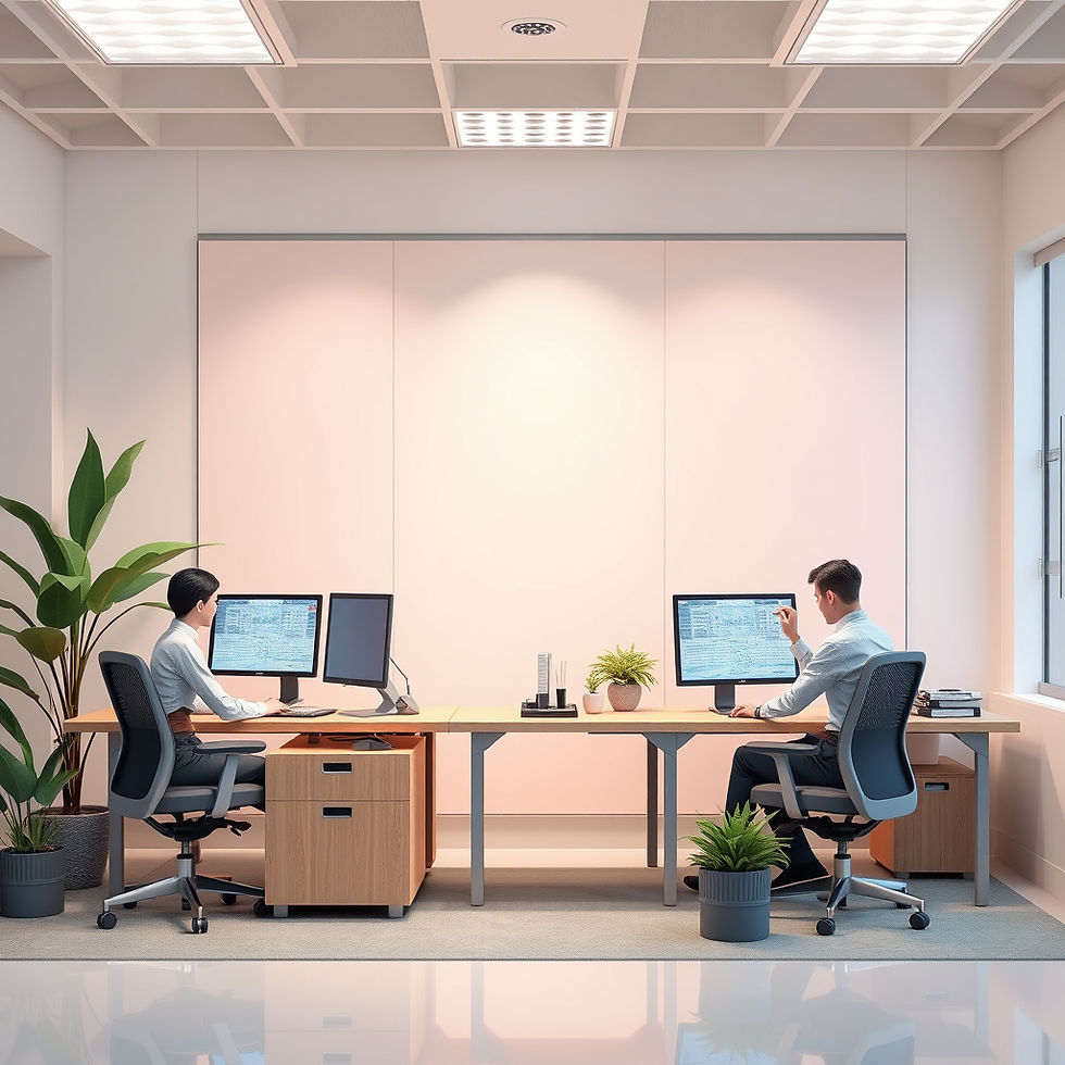 generate image for custom clearance , background show custom, infront small office wokers