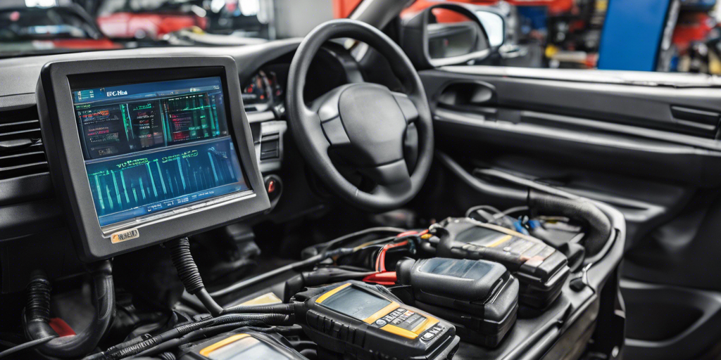 A high-resolution image of an advanced car diagnostic system in a modern auto repair shop.