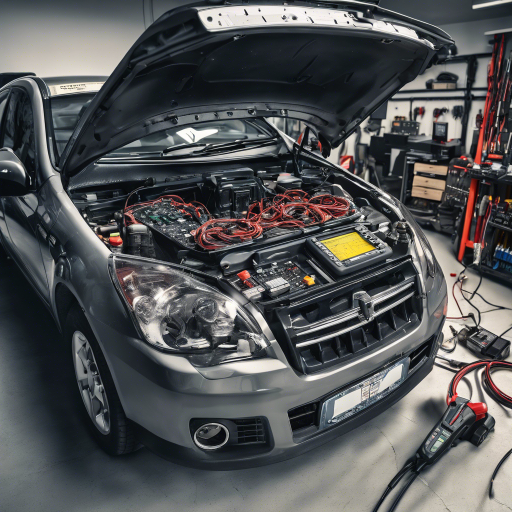 A high-resolution image of a car's electrical system in a modern auto repair shop. The ope