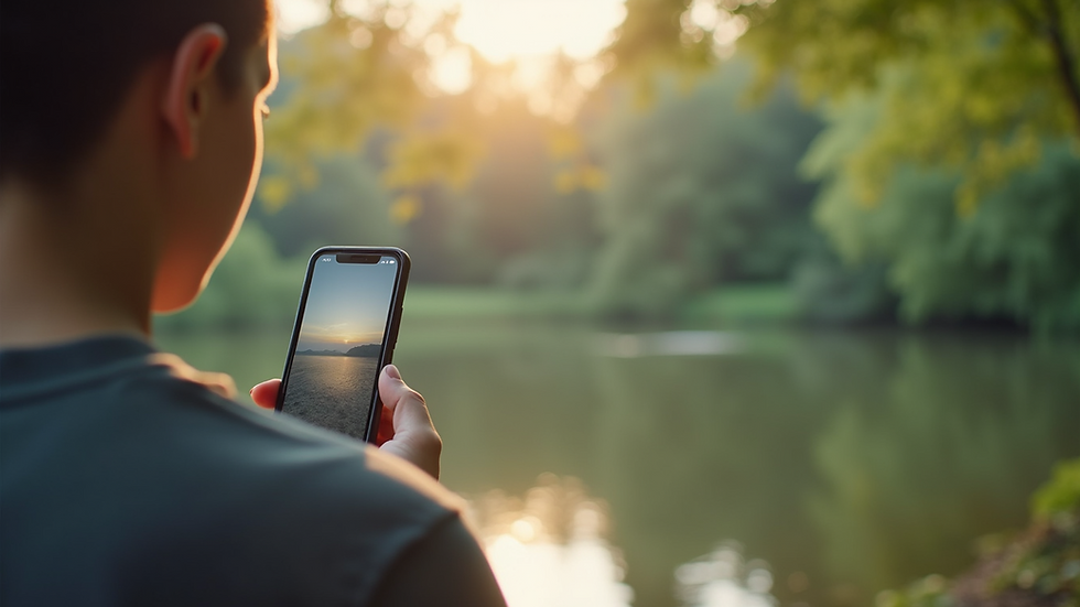 Close-up view of a smartphone displaying a meditation app with a calm nature background