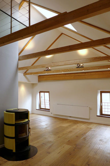 Umbau Hall in Tirol 4, Wohnzimmer mit Sichtdachstuhl