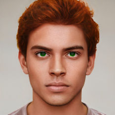 A young-looking man. Caucasian, red hair, green eyes. Each eye has three pupils.