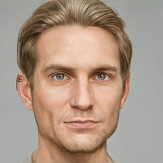 A middle-aged man. Caucasian, blond, gray eyes, blond stubble. There is a black line along the upper edge of his right ear, with two branches going across the front of his ear.