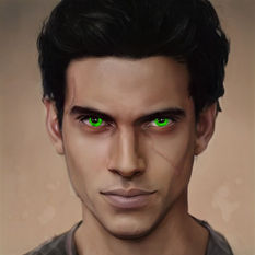 A young man. Tanned, black hair, unnaturally bright green eyes, scars on right temple and left cheek.