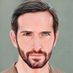 A middle-aged man. Caucasian, brown hair with a few streaks of gray, short brown beard and mustache, heterochromatic eyes (one dark gray, one very pale gray). There is a small, silvery square on his right temple.