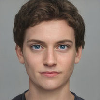 A teenage boy. Caucasian, brown hair, blue eyes. There is a black line along the upper edge of his right ear, with four branches that go across the front of the ear.