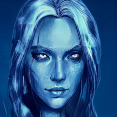 An adult female from an alien species called Celaenó. Human-shaped facial features. Light blue skin; shoulder-length hair, mostly light blue, lighter than the skin, with dark blue streaks. The eyes are light blue where a human would have whites, the irises are white, and the pupils are slightly squared. Lips are also blue, about the same shade as the skin.