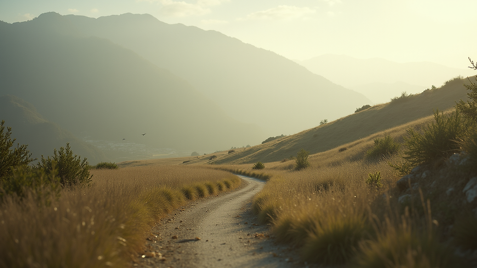 Eye-level view of a serene landscape with a winding path