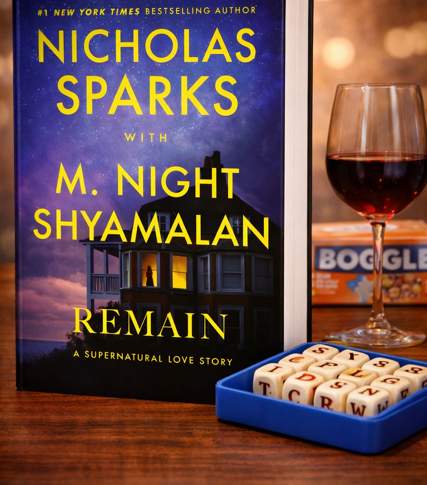 Book titled "Remain" by Nicholas Sparks and M. Night Shyamalan on a table with a wine glass and Boggle game, set in a cozy atmosphere.